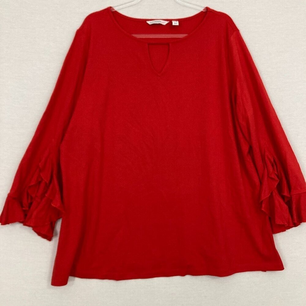 Isaac Mizrahi Red Ruffle Sleeve Keyhole Stretch Feminine Romantic Top 2X